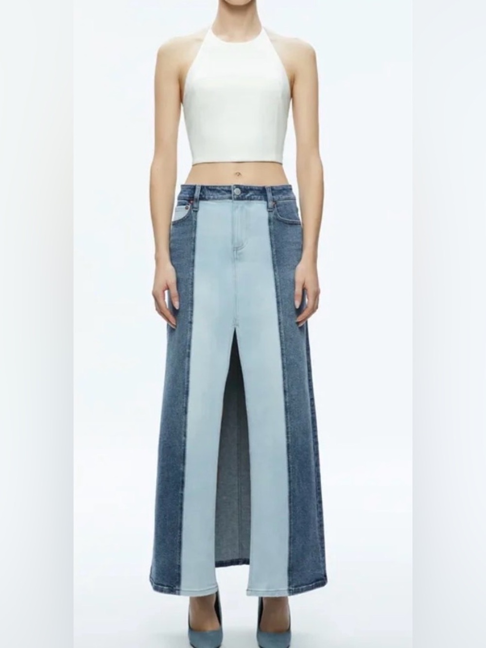 Alice & Olivia Rye Two-Toned Denim Midi/Maxi Skirt NWT